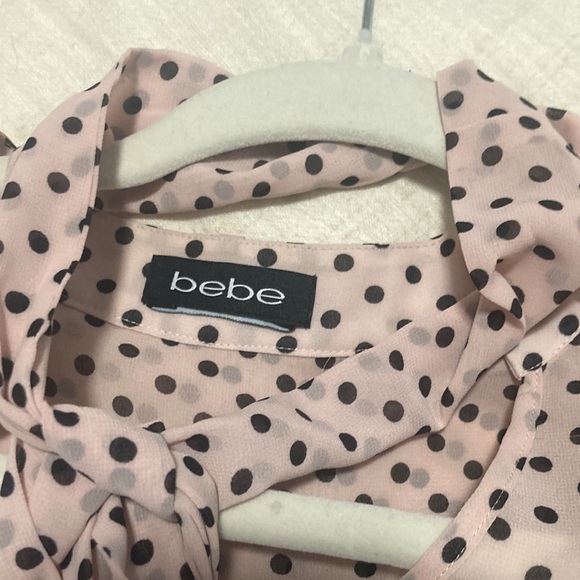 BEBE Bebe Dress Chiffon Mini Ruffled Lined Bow Pink Black Polka Dot - Picture 2 of 5